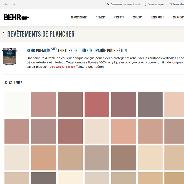 A close up view of a screen shot of BEHR Floor Coatings tool. The image of the tool has different tabs and is displaying several colour chips.