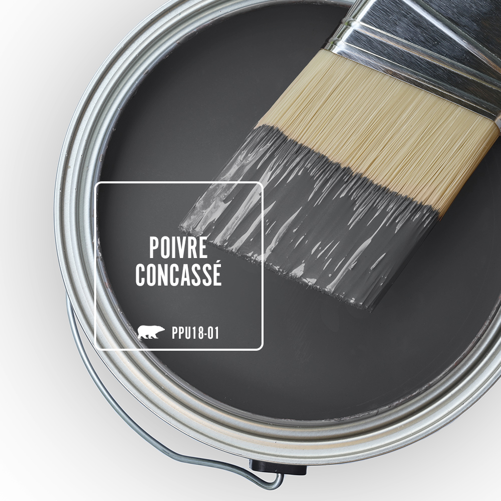 Vue de dessus d'un pot de peinture ouvert contenant la couleur Poivre concassé